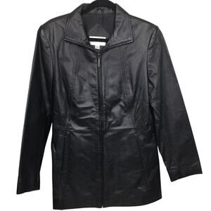 Worthington Vintage Black Leather Mob Wife Full Zip Collared 3/4 Trench Coat M